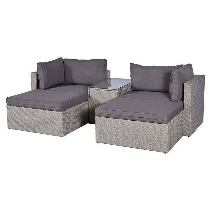 Loungemöbel-Set - 5 -tlg., Aluminium, Polyrattan, Anthrazit - Eine graue Lounge-Garnitur mit komfortablen Polstern und einem integrierten Tisch, ideal für entspannte Stunden im Freien.