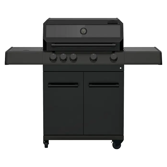 Kingstone KMS Gasgrill Cliff 4500 Beast Black Edition - Grillfläche (B x T): 72 x 45 cm, 14 kW, Anzahl Brenner: 4 Stk. - Hier ist ein Bild von einem schwarzen Grill mit Seitentischen und einem Schrank unten, perfekt für den Außenbereich.