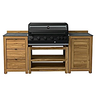 Kingstone Outdoorküchen-Set Cliff 6005/Zoe (4 -tlg., Holz, Schwarz/Braun, Material Rost: Gusseisen, Anzahl Brenner: 6)