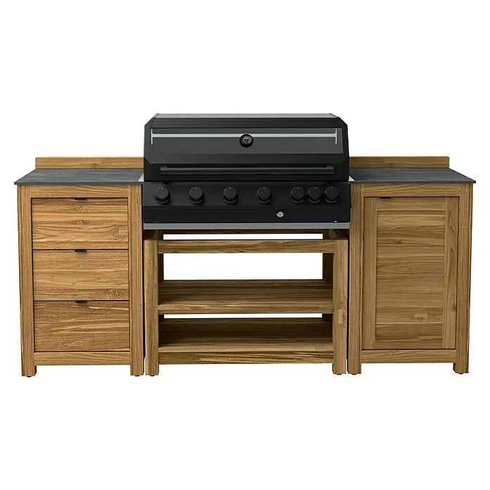 Kingstone Outdoorküche Cliff 6005/Zoe I - 4 -tlg., Teakholz/Stahl/Keramik, Schwarz/Braun, Material Grillfläche: Gusseisen, Anzahl Brenner: 6 - Einbaugrill mit Holzschränken und Steinplatte. Der Grill ist schwarz mit sechs Knöpfen und einem Thermometer auf der Oberseite.