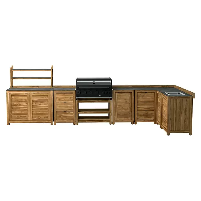 Kingstone Outdoorküche Cliff 6005/Zoe - 8 -tlg., Teakholz/Stahl/Keramik, Schwarz/Braun, Material Grillfläche: Gusseisen, Anzahl Brenner: 6 - Holzküche für den Außenbereich mit dunkelgrauer Arbeitsplatte, integriertem Grill, Spüle und offenen Regalen.