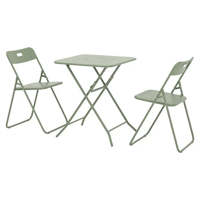 Balkonmöbel-Set Jordan - 3 -tlg., Grün, Klappbar - Gartenmöbelset mit einem quadratischen Tisch und zwei Klappstühlen in einem sanften Grünton, ideal für kleine Außenbereiche.