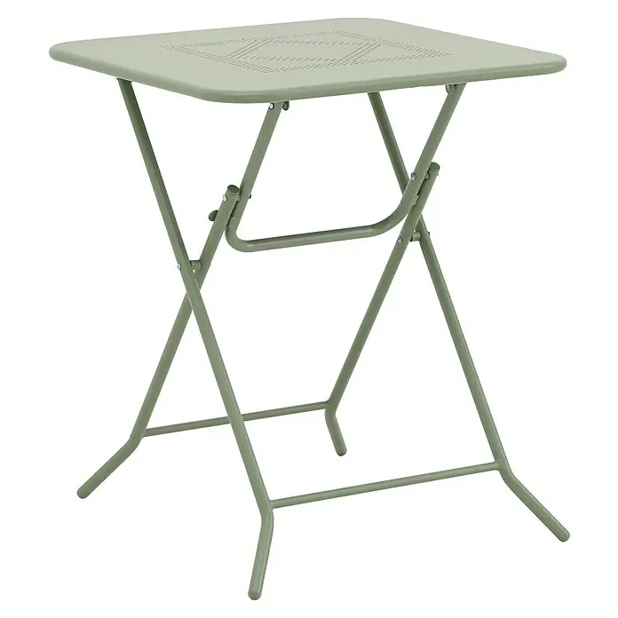 Balkonmöbel-Set Jordan - 3 -tlg., Grün, Klappbar - Klapptisch in Olivgrün. Der Tisch ist aus Metall und hat eine quadratische Tischplatte mit einem dekorativen Muster. Ideal für den Garten.