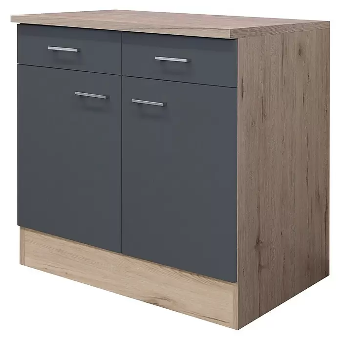 Flex-Well Tiago Küchen-Unterschrank - B x T x H: 80 x 60 x 85 cm, Basaltgrau matt - Zweifarbiger Schrank: helle Eichenplatte/Sockel, dunkelgraue Schubladen und Türen mit Metallgriffen.