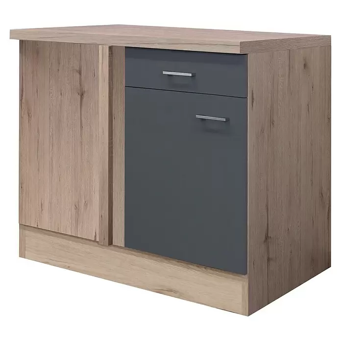 Flex-Well Tiago Küchen-Eck-Unterschrank - B x T x H: 110 x 60 x 85 cm, Basaltgrau matt - Zweifarbige Holzkommode mit dunkelgrauer Schublade und Türfronten, silberne Griffe.