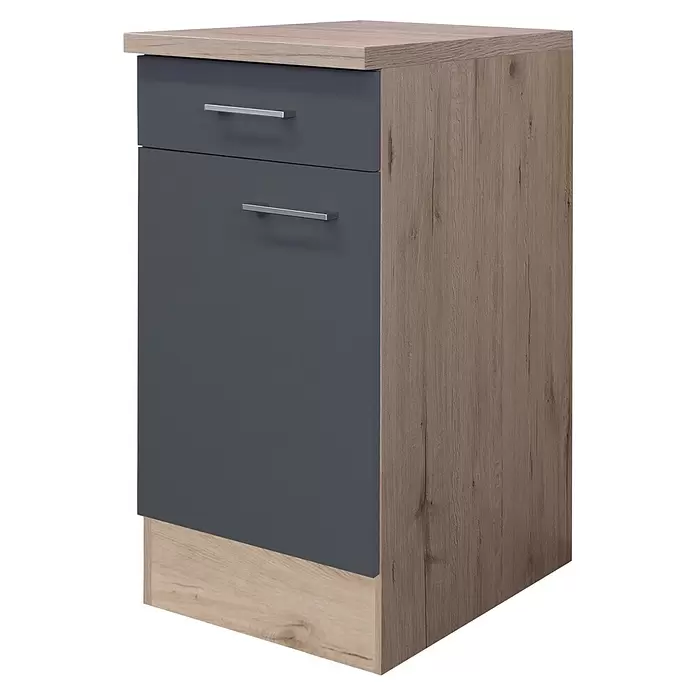 Flex-Well Tiago Küchen-Unterschrank - B x T x H: 40 x 60 x 85 cm, Basaltgrau matt - Kleiner Schrank mit heller Holzoptik-Oberplatte, -Seite und -Sockel sowie dunkelgrauen Schubladen mit silbernen Griffen.