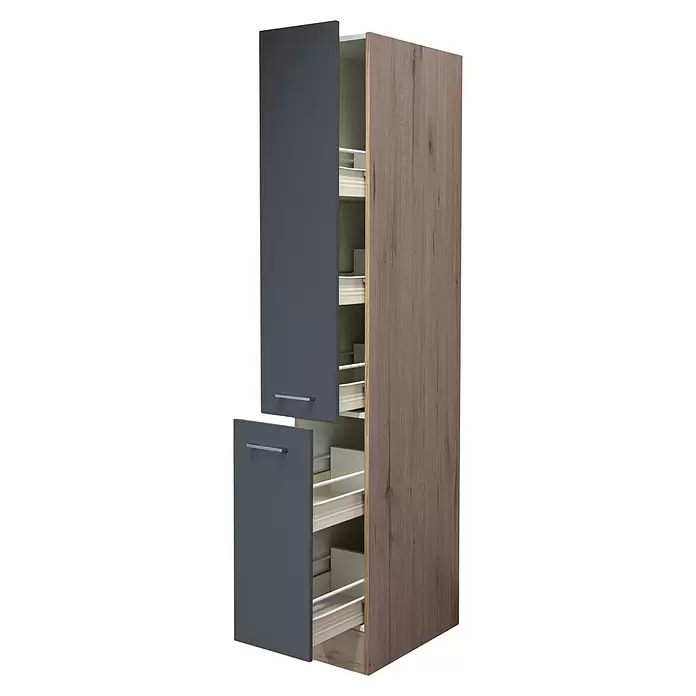 Flex-Well Tiago Apotheker-Hochschrank - B x T x H: 30 x 57 x 200 cm, Basaltgrau matt - Hoher Apothekerauszugsschrank mit Holzseitenwand und zwei dunkelgrauen Auszugselementen, die interne Regalböden zeigen.