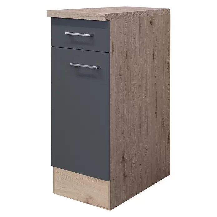 Flex-Well Tiago Küchen-Unterschrank - B x T x H: 30 x 60 x 85 cm, Basaltgrau matt - Schmaler Schrank mit zwei dunkelgrauen Schubladen, Oberseite, Seiten und Sockel in heller Holzoptik.