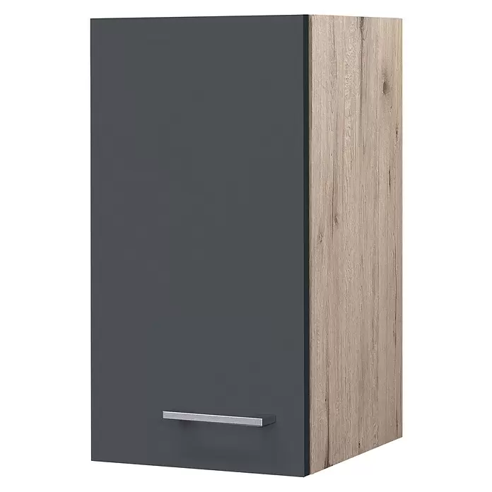 Flex-Well Tiago Küchen-Hängeschrank - B x T x H: 30 x 32 x 54,8 cm, Basaltgrau matt - Dunkelgrauer Schrank mit heller Holzoptikseite und silbernem Griff.