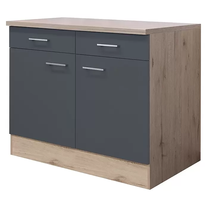 Flex-Well Tiago Küchen-Unterschrank - B x T x H: 100 x 60 x 85 cm, Basaltgrau matt - Modernes grau-holzfarbenes Sideboard mit zwei Türen, zwei Schubladen und silbernen Griffen.