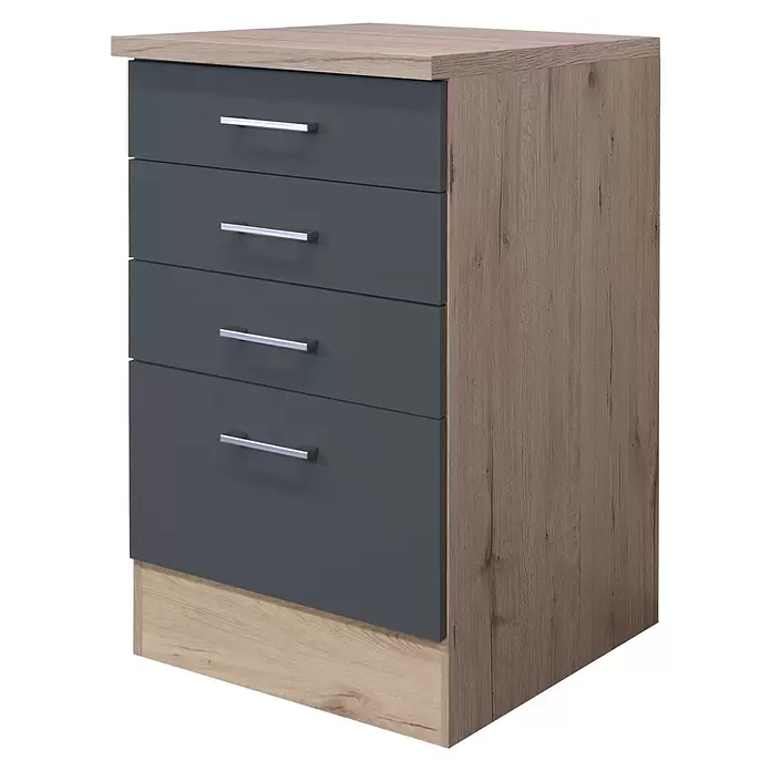 Flex-Well Tiago Unterschrank mit Schubkästen - B x T x H: 50 x 60 x 85 cm, Basaltgrau matt - Vierschubladige Kommode mit dunkelgrauen Fronten, heller Holzplatte, Seitenwänden und silbernen Griffen.