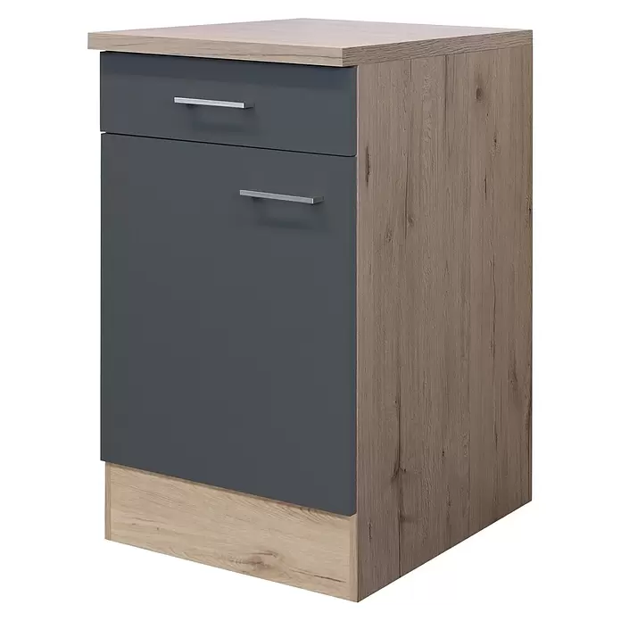 Flex-Well Tiago Küchen-Unterschrank - B x T x H: 50 x 60 x 85 cm, Basaltgrau matt - Kleiner Schrank mit heller Holzplatte und Seitenwand, dunkelgrauer Schublade und Tür mit silbernen Griffen, hellem Holzsockel.