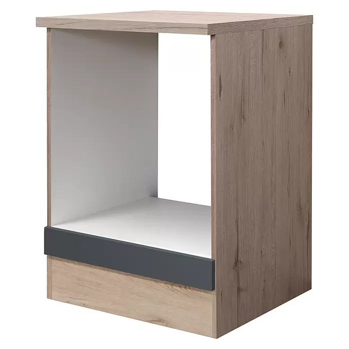 Flex-Well Tiago Herd-Umbauschrank - B x T x H: 60 x 60 x 85 cm, Basaltgrau matt - Holzschrankmodul mit heller Holzmaserung, weißem Innenraum und dunkelgrauer Frontplatte.