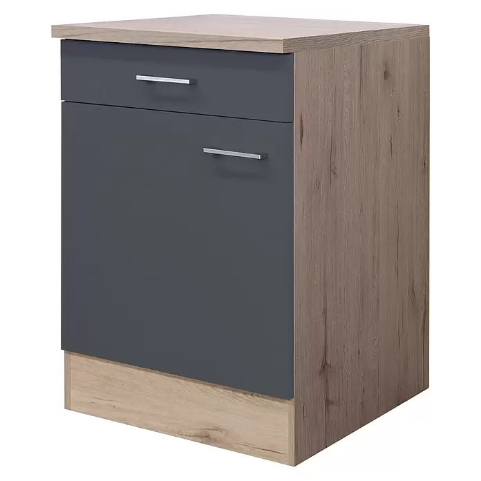 Flex-Well Tiago Küchen-Unterschrank - B x T x H: 60 x 60 x 85 cm, Basaltgrau matt - Holzfarbene Kommode mit dunkelgrauen Fronten, einer Schublade und einer Tür, silberne Griffe.
