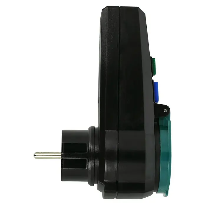 FI-Adapter Außen - 230 V, 16 A, Bemessungsfehlerstrom: 0,03 A, IP44 - Nahaufnahme eines schwarzen Stromadapters mit Stecker, Schaltern und grünem Deckel für den Außenbereich.