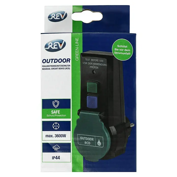 FI-Adapter Außen - 230 V, 16 A, Bemessungsfehlerstrom: 0,03 A, IP44 - Abbildung einer REV-Außensteckdose mit Fehlerstromschutzschalter (RCD) auf der Verpackung für den Einsatz im Freien.