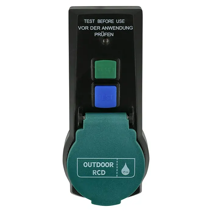FI-Adapter Außen - 230 V, 16 A, Bemessungsfehlerstrom: 0,03 A, IP44 - Das Bild zeigt eine wetterfeste Outdoor-Steckdose mit RCD-Schalter, Reset- und Test-Knöpfen sowie einer IP44-Zertifizierung.