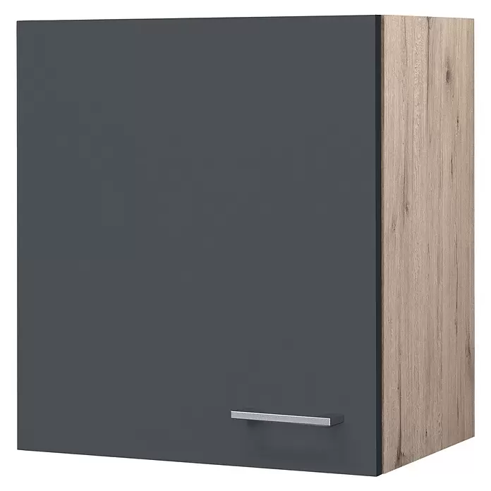 Flex-Well Tiago Singleküche Typ 1 - Breite: 210 cm, Grau, Mit Elektrogeräten - Dunkelgrauer Wandschrank mit heller Holzoptik-Seite und silbernem Griff.