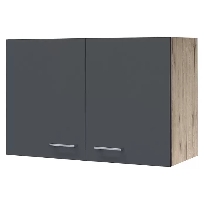 Flex-Well Tiago Küchen-Hängeschrank - B x T x H: 80 x 32 x 54,8 cm, Basaltgrau matt - Zweitüriger Hängeschrank mit grauen Fronten, Seitenwand in heller Holzoptik und silbernen Griffen.