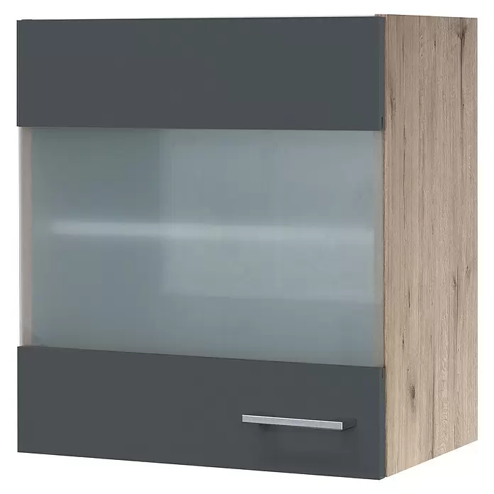 Flex-Well Tiago Küchen-Hängeschrank - B x T x H: 50 x 32 x 54,8 cm, Basaltgrau matt - Grauer Küchenwandschrank mit satiniertem Glaspaneel, hellen Holzmaserseiten und silbernem Griff.