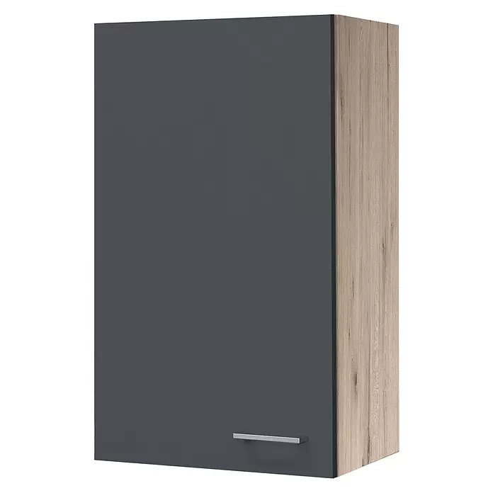 Flex-Well Tiago Küchen-Hängeschrank - B x T x H: 50 x 32 x 89 cm, Basaltgrau matt - Hoher, dunkelgrauer Wandschrank mit hellen Holzmaserseiten und silbernem Griff.