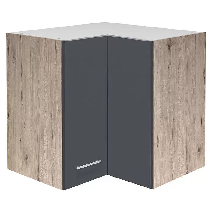 Flex-Well Tiago Eck-Hängeschrank - B x T x H: 60 x 32 x 54,8 cm, Basaltgrau matt - Eckhängeschrank mit hellen Holzseiten, dunkelgrauen Türen und silbernem Griff.