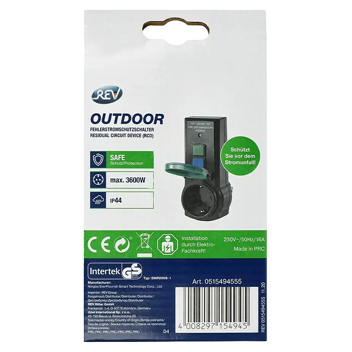 FI-Adapter Außen - 230 V, 16 A, Bemessungsfehlerstrom: 0,03 A, IP44 - Verpackung eines REV Outdoor Fehlerstromschutzschalters (RCD) mit Hinweisen zu Schutz, Leistung und Installation durch Fachkräfte.