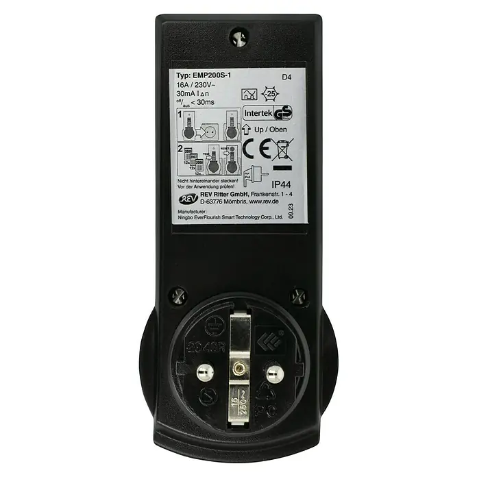 FI-Adapter Außen - 230 V, 16 A, Bemessungsfehlerstrom: 0,03 A, IP44 - Abbildung eines REV Ritter EMP200S-1 Fehlerstrom-Schutzschalter-Adapters für Steckdosen mit technischen Details und Herstellerinformationen.