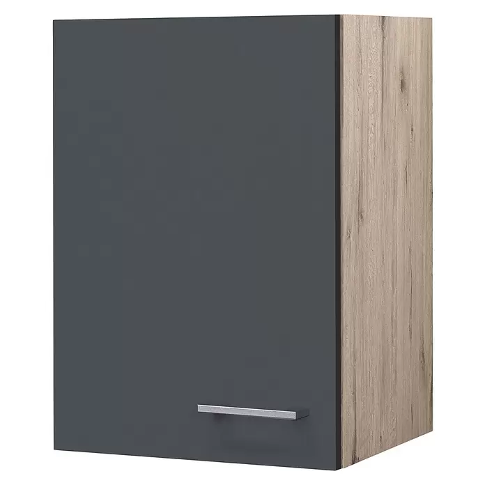 Flex-Well Tiago Küchen-Hängeschrank - B x T x H: 40 x 32 x 54,8 cm, Basaltgrau matt - Dunkelgrauer Wandschrank mit heller Holzoptik-Seitenwand und silbernem Griff.