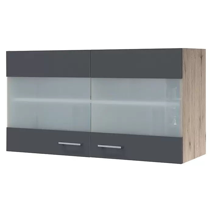 Flex-Well Tiago Küchen-Hängeschrank - B x T x H: 100 x 32 x 54,8 cm, Basaltgrau matt - Zweitüriger Küchenhängeschrank mit grauen Paneelen, Milchglaseinsätzen, Holzseiten und silbernen Griffen.