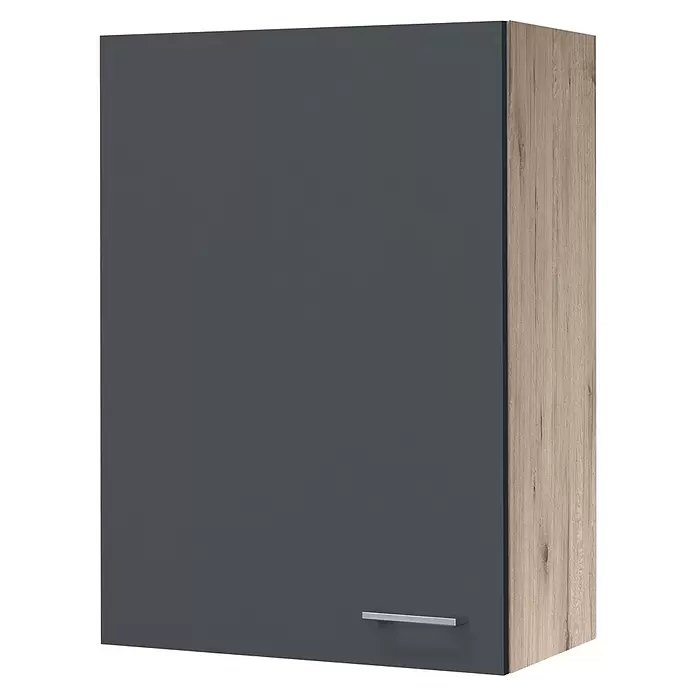 Flex-Well Tiago Küchen-Hängeschrank - B x T x H: 60 x 32 x 89 cm, Basaltgrau matt - Grauer Hängeschrank mit Holzoptik-Seiten und silbernem Griff.