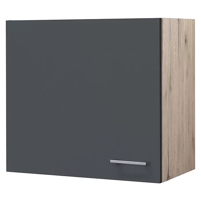 Flex-Well Tiago Singleküche Typ 1 - Breite: 210 cm, Grau, Mit Elektrogeräten - Dunkelgrauer Küchenwandschrank mit heller Holzmaserung und Metallgriff.