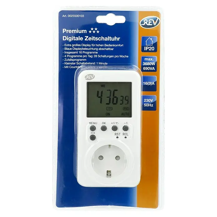 REV Wochen-Zeitschaltuhr - Elektronisch, Weiß - Digitale Zeitschaltuhr von REV in der Verpackung. Sie verfügt über ein großes Display und mehrere Programme für die Zeitschaltung.