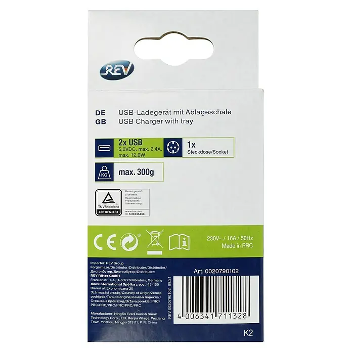 REV USB-Ladegerät Zwischenstecker - Weiß, 2 USB-Anschlüsse - Produktverpackung für ein USB-Ladegerät mit Ablageschale, hergestellt von REV, mit technischen Details und Zertifizierungen.