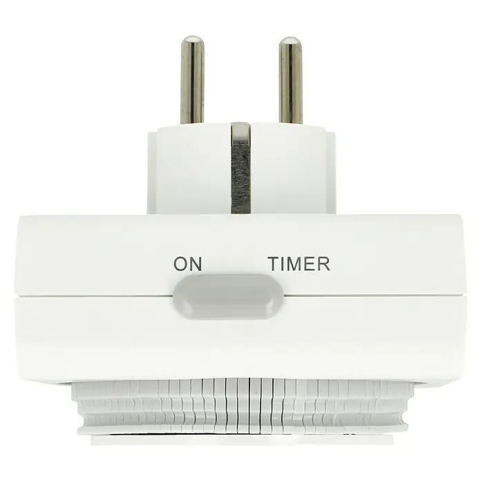 REV Tages-Zeitschaltuhr Kompakt - Mechanisch, 3.680 W, Schaltzeiten: 96, Min. Schaltabstand: 15 min - Nahaufnahme eines weißen mechanischen Timers mit Stecker, der "ON" und "TIMER" Einstellungen anzeigt und für die Automatisierung von Geräten geeignet ist.