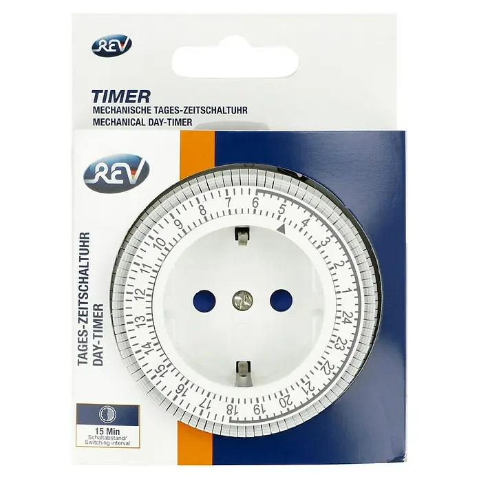 REV Tages-Zeitschaltuhr Kompakt - Mechanisch, 3.680 W, Schaltzeiten: 96, Min. Schaltabstand: 15 min - Bild einer REV mechanischen Zeitschaltuhr zur Steuerung von elektrischen Geräten mit 15-Minuten-Intervallen.