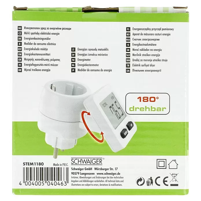 Schwaiger Energiekosten-Messgerät STEM1180 - 230 V, Display, Max. Anschlussleistung: 3.680 W - Produktverpackung für einen weißen Stecker-Energiezähler. Zeigt den Zähler mit digitaler Anzeige 'TOTAL 76.5 KWh' und Grafik für 180° drehbares Display. Marke: SCHWAIGER.