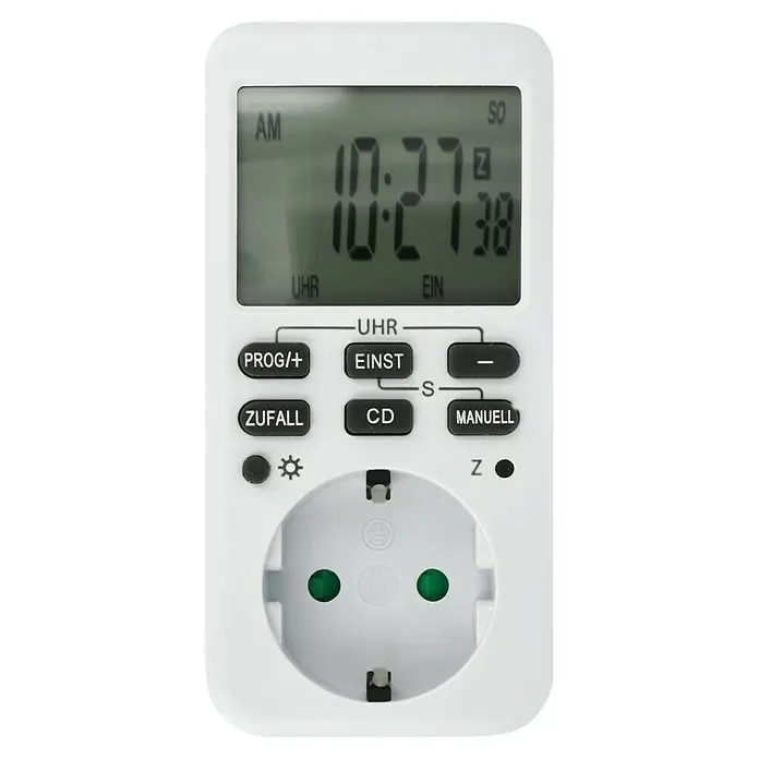 Voltomat Zeitschaltuhr - Digital, Weiß, Max. Anschlussleistung: 3.600 W - Nahaufnahme einer weißen, programmierbaren Zeitschaltuhr mit digitalem Display und Steckdose, ideal für die Automatisierung im Haushalt.