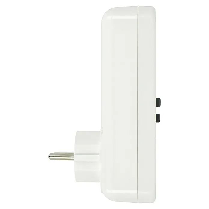 REV Wochen-Zeitschaltuhr - Elektronisch, Weiß - Detailaufnahme eines weißen Stromadapters mit Stecker und Schalter vor schwarzem Hintergrund. Praktisch und kompakt für den täglichen Gebrauch.