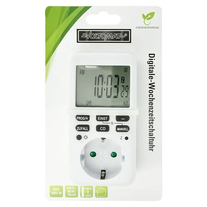 Voltomat Zeitschaltuhr - Digital, Weiß, Max. Anschlussleistung: 3.600 W - Abbildung einer digitalen Wochenzeitschaltuhr von Voltomtat, mit Display, Tasten und Steckdose für energiesparendes Schalten.