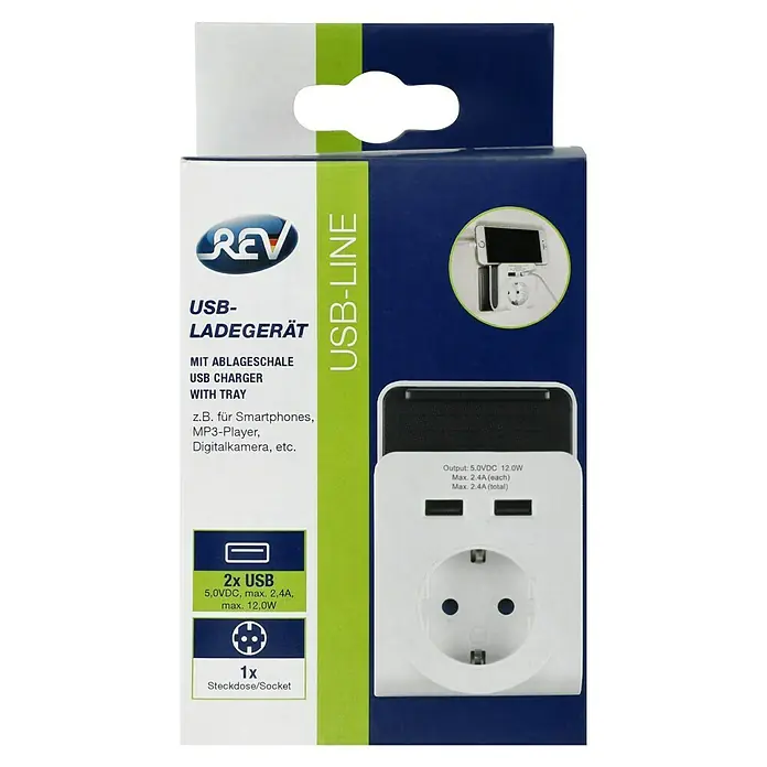 REV USB-Ladegerät Zwischenstecker - Weiß, 2 USB-Anschlüsse - Produktverpackung für ein REV USB-Ladegerät mit Ablageschale. Das Ladegerät hat 2 USB-Anschlüsse und eine Steckdose.