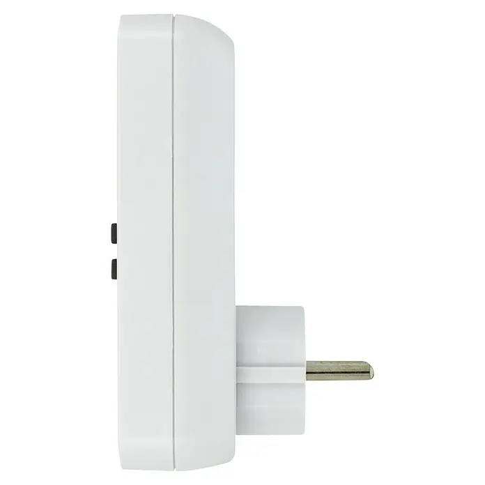Voltomat Zeitschaltuhr - Digital, Weiß, Max. Anschlussleistung: 3.600 W - Nahaufnahme eines weißen Smart-Home-Steckers mit Eurostecker vor schwarzem Hintergrund.