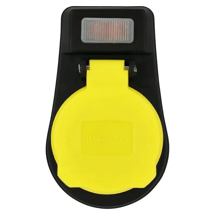 UniTEC Zwischenstecker - Ein-/Ausschalter, 3.500 W, IP44 - Nahaufnahme einer gelben, wasserdichten Steckdose mit schwarzer Abdeckung, ideal für den Außenbereich und sichere Stromversorgung.