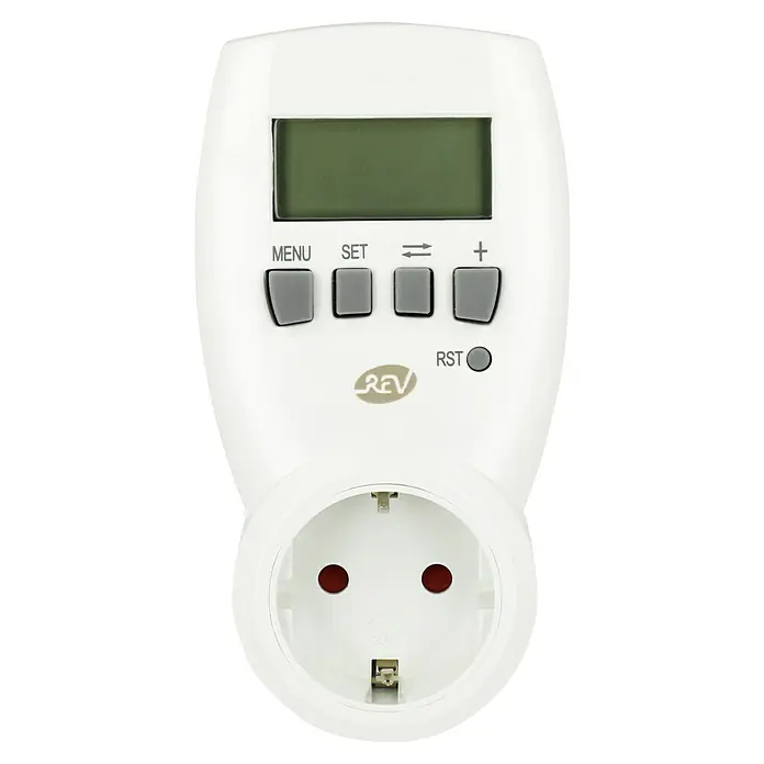 Energiekosten-Messgerät Digital - 3.680 W - Weiße REV-Zeitschaltuhr mit LCD-Display, Tasten für Menü, Set, Pfeile & Plus, Resetknopf und Steckdose. Ideal zur Steuerung von Elektrogeräten.