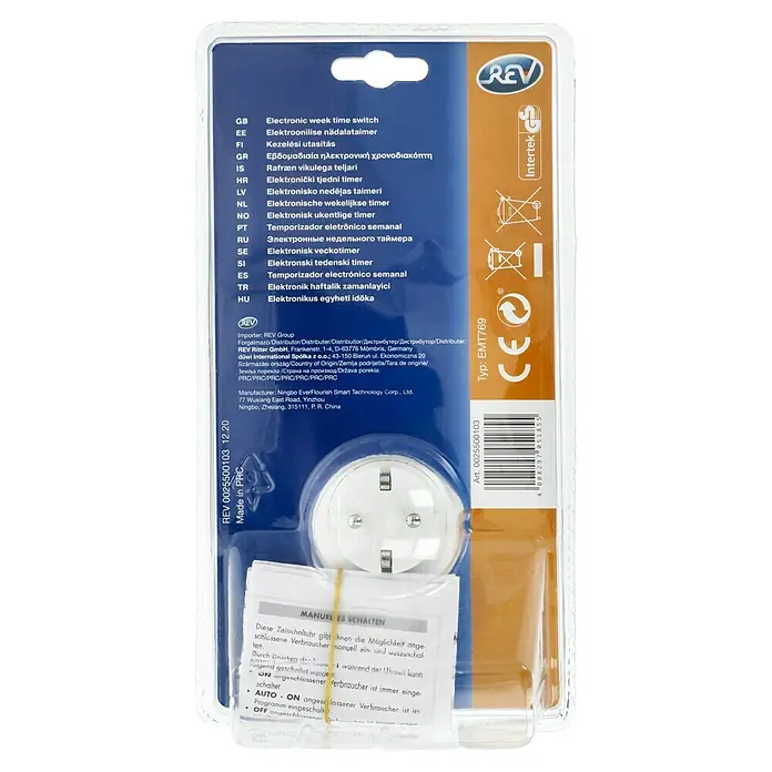 REV Wochen-Zeitschaltuhr - Elektronisch, Weiß - Wochenzeitschaltuhr von REV in der Verpackung, ideal für die automatische Steuerung von Geräten im Haushalt.