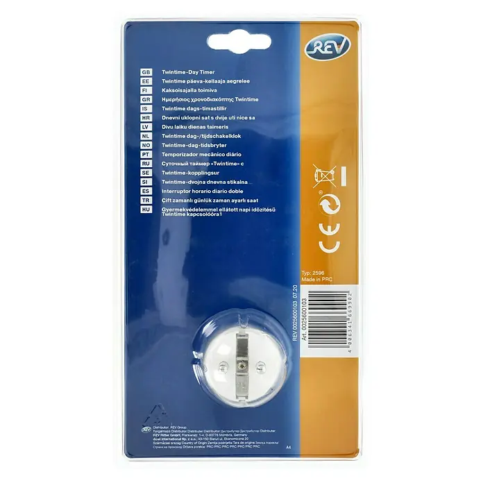 REV Doppel-Zeitschaltuhr - Mechanisch, Weiß, Min. Schaltabstand: 15 min - Verpackung eines REV Twintime-Day Timers, einem mechanischen Tagesschalter zur Steuerung von Haushaltsgeräten.