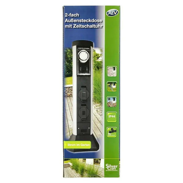 REV Energiesäule - Anzahl Steckdosen Schuko: 2 Stk., 50 cm, Schwarz - Eine REV 2-fach Außensteckdose mit Zeitschaltuhr und Strom im Garten Symbol, ideal für den Außenbereich.