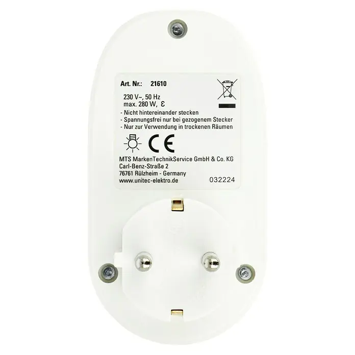 Voltomat Zwischenstecker - Dimmer, Max. Anschlussleistung: 280 W - Ein weißer elektronischer Stecker mit technischen Details und CE-Kennzeichnung für den europäischen Markt.