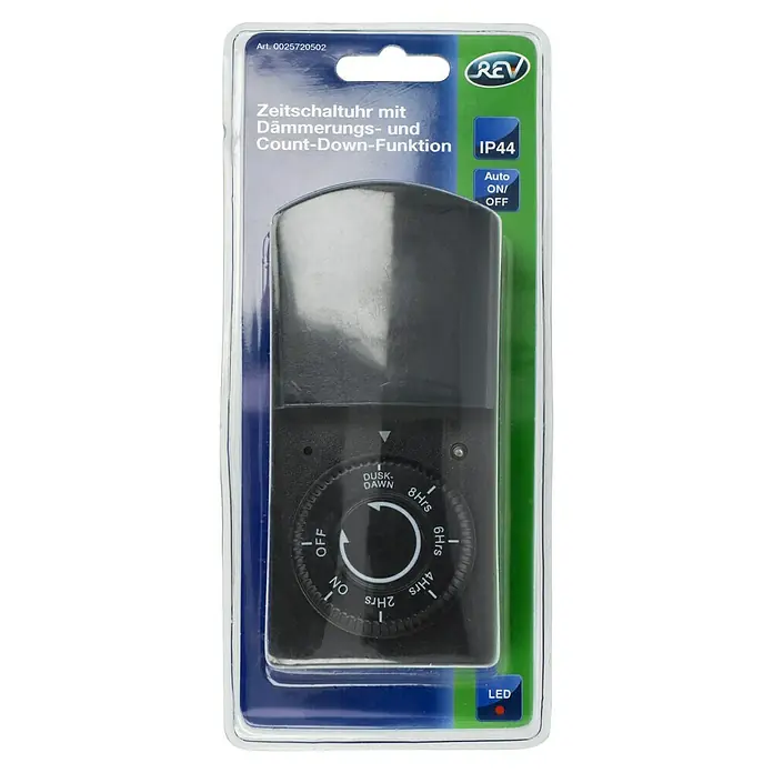 REV Zeitschaltuhr - Mechanisch, Schwarz/Grün, Max. Anschlussleistung: 1.000 W - Das Bild zeigt eine Zeitschaltuhr mit Dämmerungs- und Count-Down-Funktion in einer durchsichtigen Verpackung. Das Produkt ist von REV und mit LED ausgestattet.