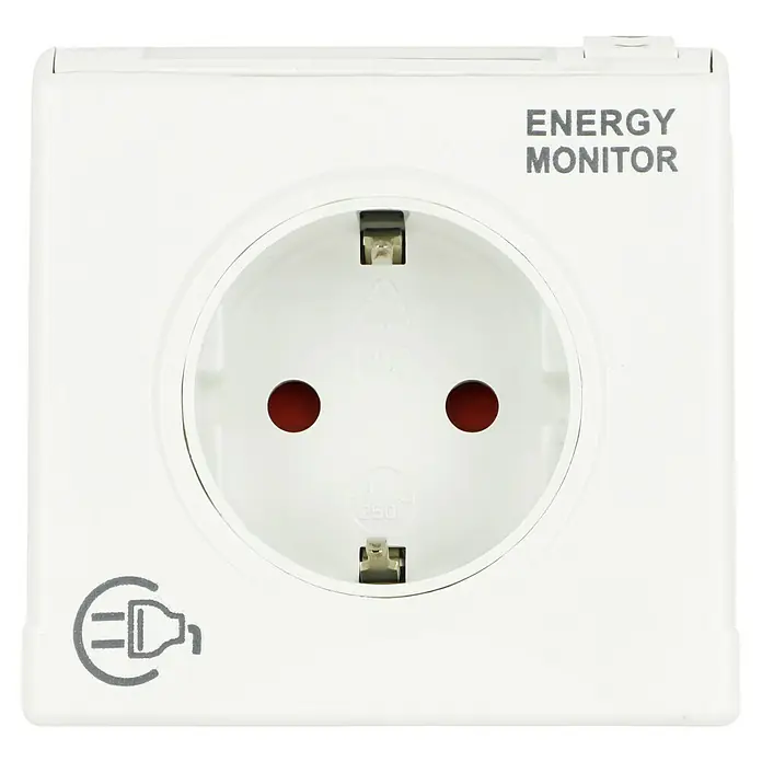 REV Energiekosten-Messgerät - Leistung: 3.680 W - Eine weiße Steckdose mit der Aufschrift "Energy Monitor", die Energieverbrauch misst, für den Hausgebrauch.
